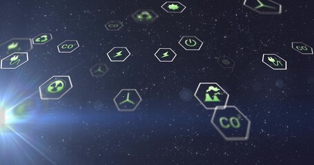 Fototapeta premium Floating cluster of hex tiles showing wind turbine, CO icons in starfield with lower-left flare