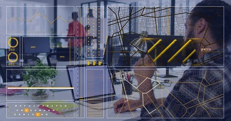 Writing man in checked-shirt, glasses and headset leaning at desk, office with laptop HUD overlays © vectorfusionart