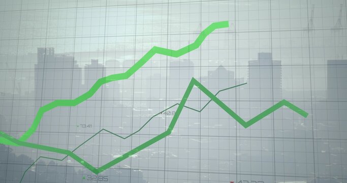 Displaying translucent grid with axis ticks and thick bright green trend lines over hazy city road