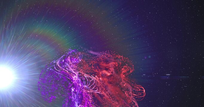 Intertwining purple and red particle ribbons flowing in deep space, with white flare halo