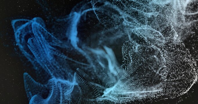 Swirling luminous particle cloud forming ribbon-shaped waves in black void, with misty trails
