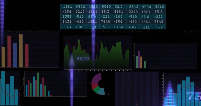 Showing central green chart, top numeric table on screen with bars, donut, purple glow