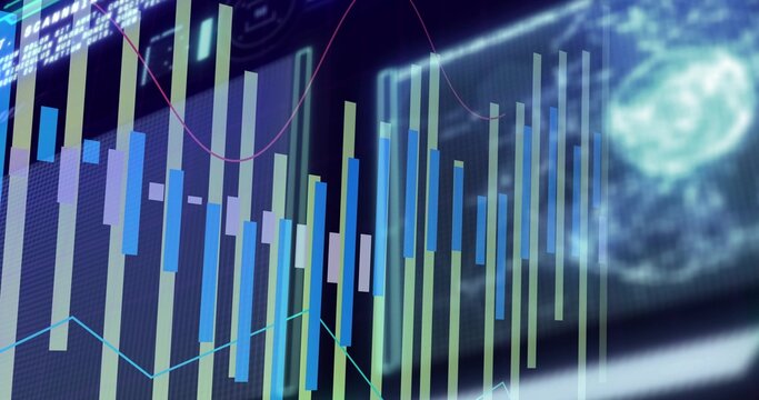 Displaying blue green candlestick bars with cyan magenta line graphs on translucent HUD, with code