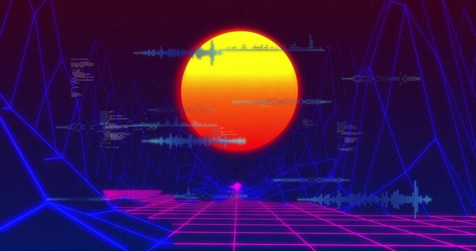 Glowing large stylized sun dominating horizon, lighting magenta neon grid and blue wireframe peaks