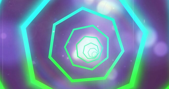 Displaying neon concentric rings spiraling toward bright core in digital art with lens flares