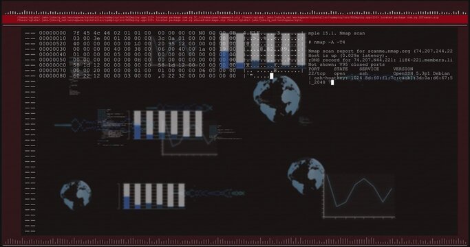 Showing maroon frame terminal UI showing hex dump, nmap output, three globe icons, racks, waveform