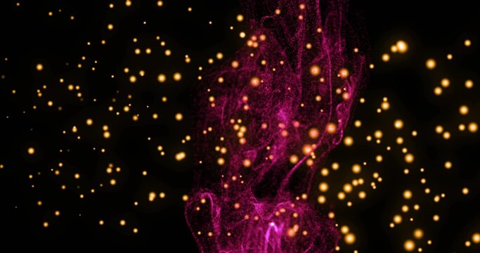 Rising magenta nebula ribbon streaming upward in dark void backdrop, with glowing golden spheres