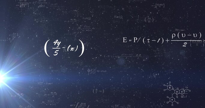 Displaying white math equations and long formula over deep space, lens flare and molecule diagram