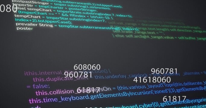 Displaying syntax-highlighted source code block on developer screen, with overlaid numeric markers