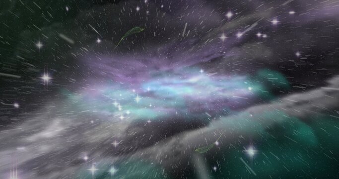 Showing central luminous nebula stretching in deep space, with bright flare spikes, radial streaks