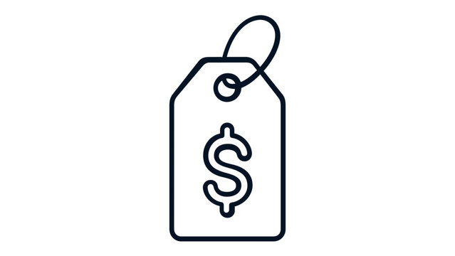 Minimalist vector icon illustration of a retail price tag featuring a dollar sign symbol. Clean black line art design for e-commerce, shopping, sales, finance, and commercial business interfaces.