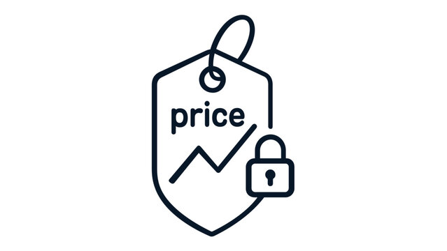 Minimalist vector icon illustration of a price tag with a rising graph and padlock, representing price lock, cost stability, secure pricing, and inflation protection for commerce and retail use.