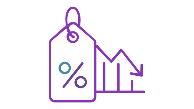Modern gradient vector icon illustration featuring a price tag with a percentage symbol and a declining bar chart, symbolizing retail sales, price reductions, discounts, and market deflation.