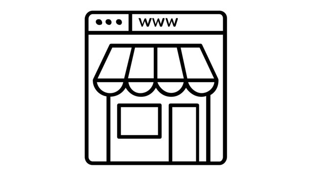Professional online store and e-commerce web browser storefront vector icon illustration. Minimalist black line art design representing digital marketplace, retail website, and internet shopping.