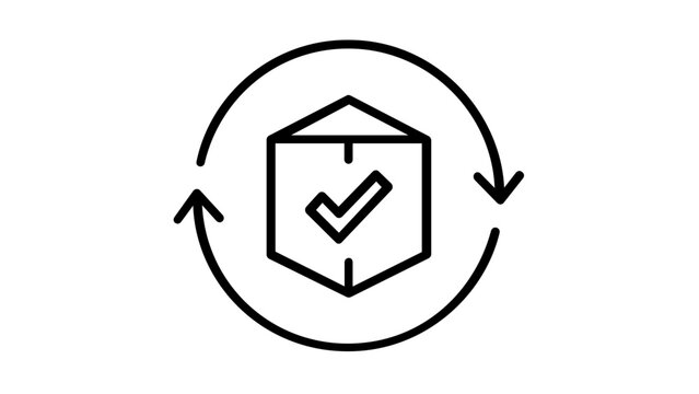 Warranty and return policy vector icon illustration featuring a cardboard box with a checkmark and circular arrows, representing product guarantee, exchange, and customer satisfaction.