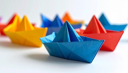 Colorful Origami Boats Sailing: A vibrant collection of handmade origami boats in a kaleidoscope of colors, evoking a sense of creativity, exploration, and the simple beauty of paper art.