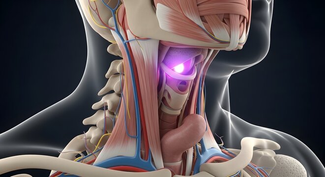 Internal view of human throat and neck anatomy. Larynx health and thyroid gland imaging. Detailed 3D rendering of the windpipe and vocal cords with glowing light indicator