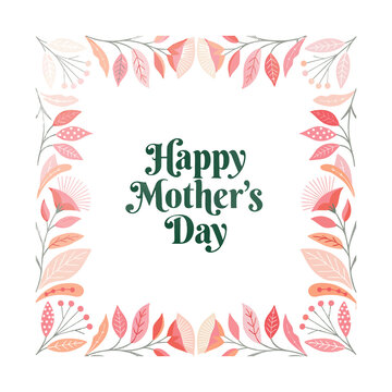 Happy mothers day text inside square floral frame with pink and orange leaves high resolution jpg background template.