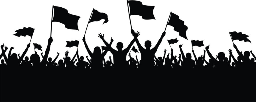 Crowd with flags silhouettes cheering protest or celebration rally people raising hands isolated on white background vector illustration