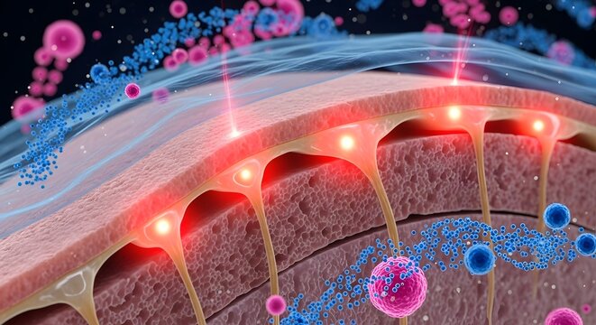 Microscopic view of skin layers and cellular interaction. Dermatology and subcutaneous tissue health. Red glowing points showing receptors or inflammation within the dermal structure