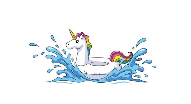 Fun white unicorn pool float with a rainbow mane and tail splashing in bright blue water on a sunny day for summer vacation.