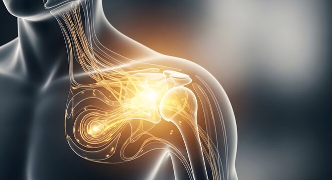 Nerve pain and brachial plexus neural system. Neuropathy and chronic nerve damage. Glowing nervous system lines in a human shoulder and neck area