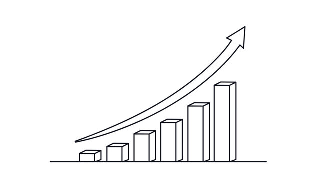 Simple black and white line drawing of a rising bar chart with an upward arrow indicating growth and economic success.