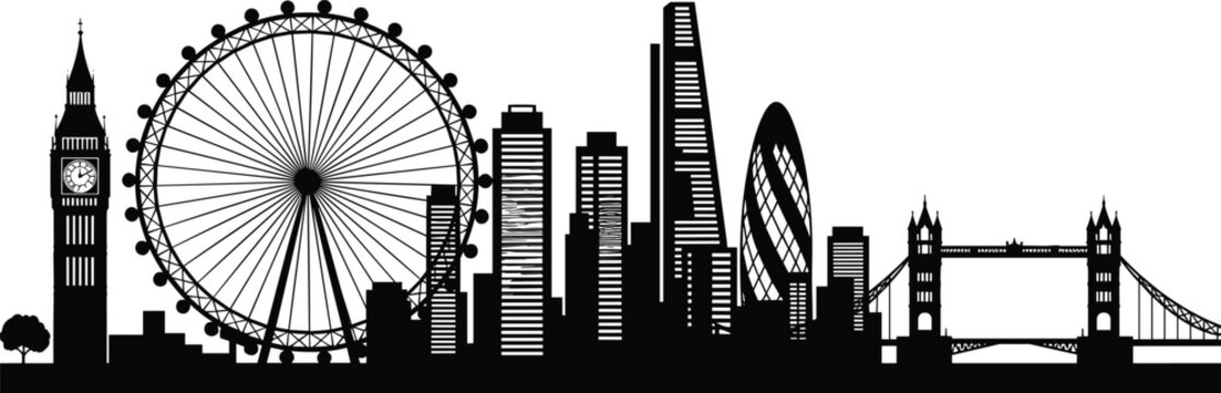London city skyline silhouette with famous landmarks including Big Ben London Eye and Tower Bridge isolated on white vector illustration