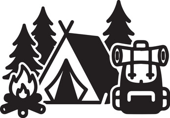 Naklejka premium Camping, outdoor adventure icons, travel vector graphics, black silhouette illustrations