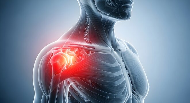 Shoulder and neck muscle pain anatomy. Tension headache and upper back strain. Human body showing red glowing inflammation on shoulder and neck muscles