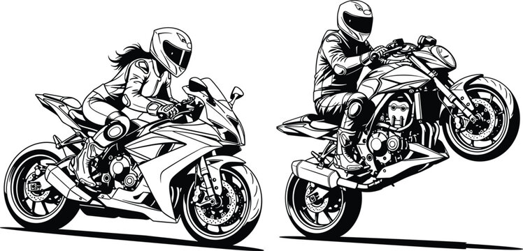 Sport motorcycle riders illustration showing male and female bikers performing racing and stunt riding isolated on white background vector