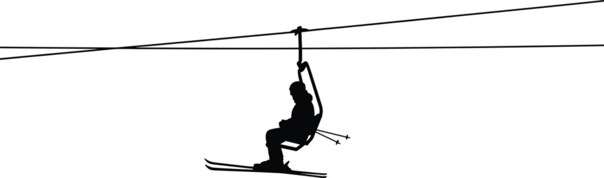 Skier on chairlift silhouette traveling up mountain ski resort winter sports activity isolated on white background vector illustration design