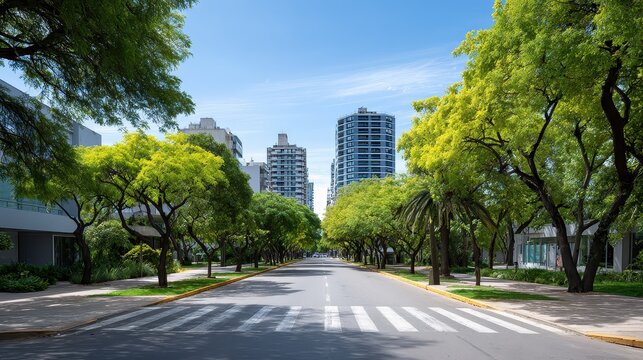 Urban Avenue Surrounded by Lush Green Trees and Modern Buildings