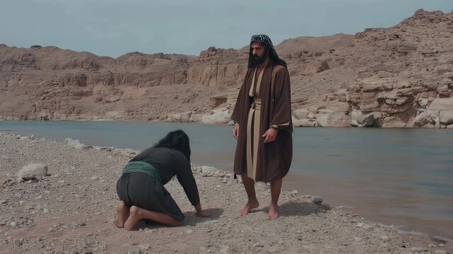 Jacob Approached His Brother, Esau, He Bowed to the Ground Seven Times Before Him. Biblical Reconciliation Scene