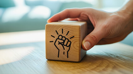 A hand delicately holds a natural wooden cube adorned with a striking raised fist icon, embodying concepts of personal strength, collective power, determination, and inspiration for change
