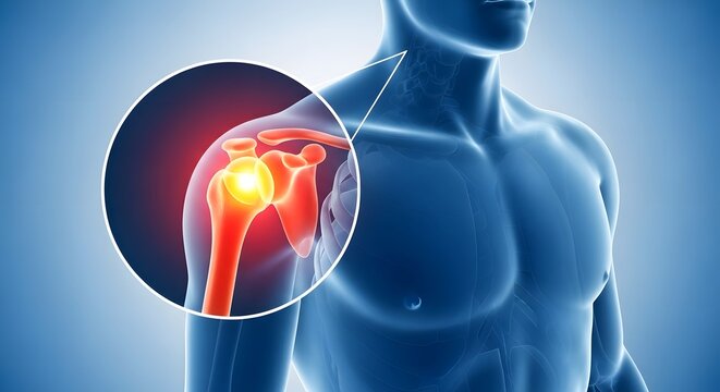 Shoulder joint dislocation and bone anatomy. Healthcare diagnostics and orthopedic surgery. X-ray style view showing a glowing spot on the human humerus joint