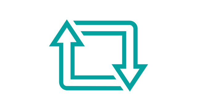 Teal minimalist vector icon illustration of a retweet or repost symbol, featuring two arrows forming a square loop for social media feed updates, sharing content, and digital communication design.