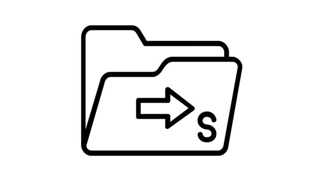 Minimalist vector icon illustration of a digital folder with a right-pointing arrow and letter S, ideal for social media file management, sharing, data organization, and web UI design.