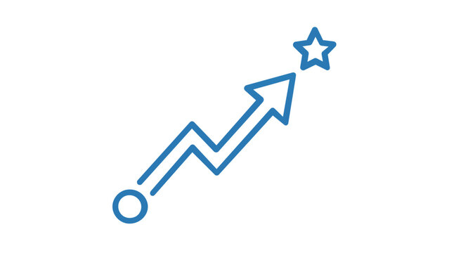 Blue minimalist vector icon illustration of a social media influencer growth path with an upward arrow pointing towards a star, representing success, career progress, and digital marketing goals.