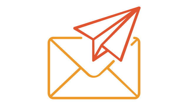 Minimalist vector illustration of a line icon featuring an orange and red gradient envelope with a paper plane flying out, symbolizing email communication, sending messages, and social media.
