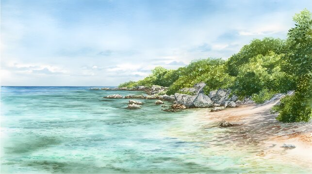Serene Xcaret coastline watercolor illustration tranquil turquoise water lush tropical shore dreamy landscape art