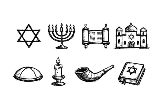 Collection of hand-drawn Jewish religious symbols and cultural icons in a sketch style