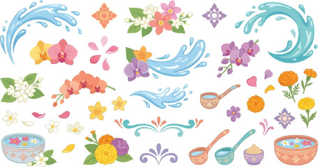 Fototapeta premium Decorative Songkran festival elements featuring tropical flowers, floral water bowls and splashes.