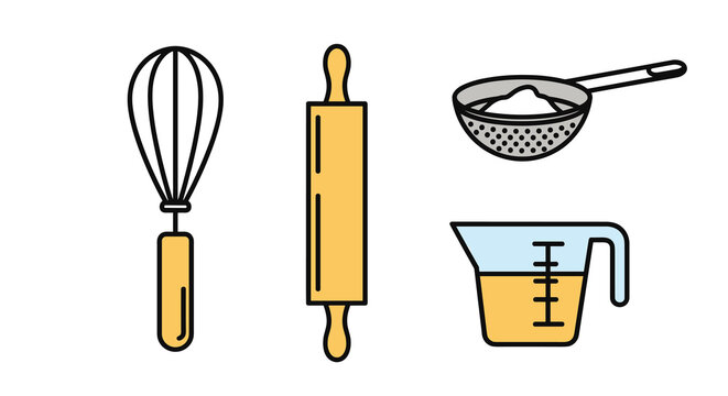 Vector illustration of kitchen utensils including whisk rolling pin sifter and measuring cup, Generative AI.