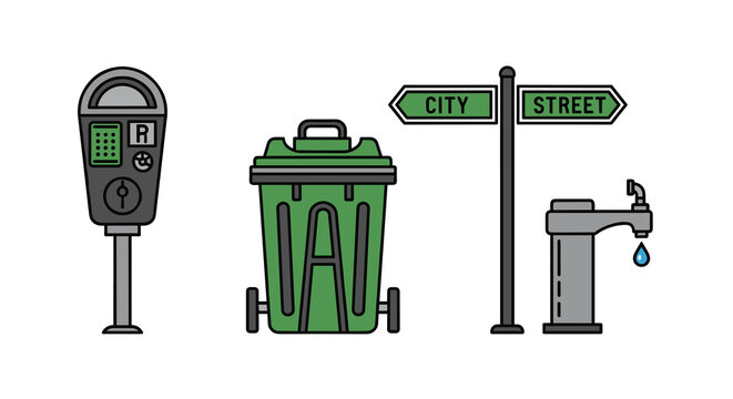 City street infrastructure icons including parking meter green trash can street sign and dripping water faucet, Generative AI.