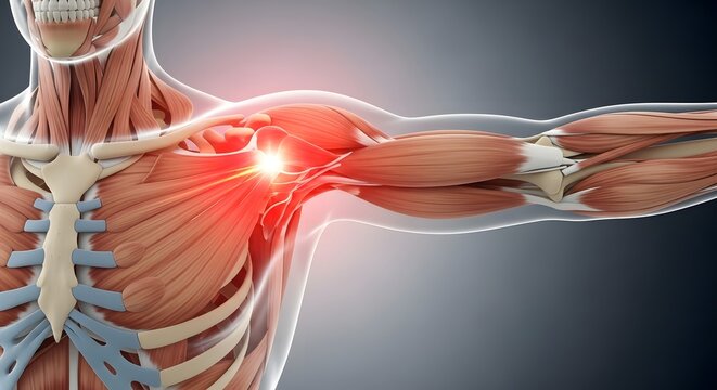 Axillary nerve pain and shoulder muscle injury. Human anatomy and orthopedic medicine. 3D illustration of a male torso with arm extended and red glowing pain in the armpit area