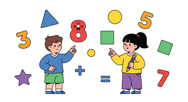 Flat style vector illustration of children learning mathematics with numbers and shapes, solving problems in classroom, modern STEM education and academic learning concept