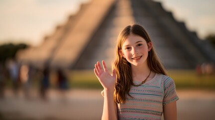 Fototapeta premium Cheerful girl waves hello before ancient Mayan pyramid Yucatan Mexico lifestyle portrait warm sunlight
