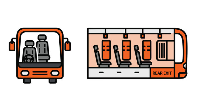 Vector illustration of a bus with front and rear interior views showing seats and exit, Generative AI.