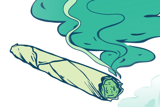 Flat line illustration of a lit marijuana joint with smoke and leaves representing cannabis culture